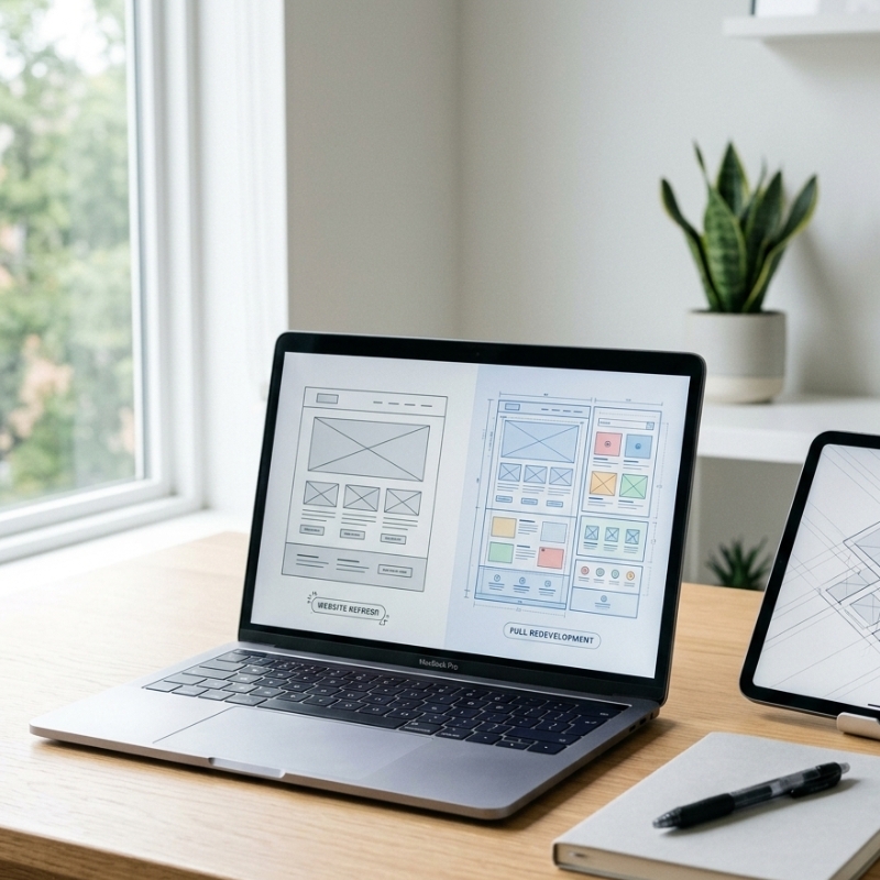 Minimalist workspace with a laptop showing website wireframes representing website refresh and full website development.