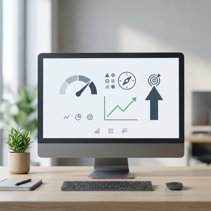 Desktop computer displaying performance gauge, growth chart, and target graphics to analyze website packages.