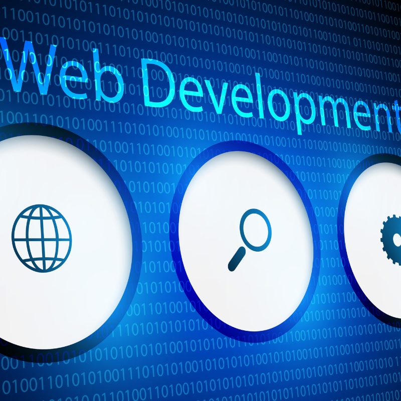 Blue digital background displaying "Web Development" text and icons representing modern website development strategies.